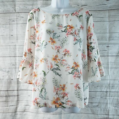 Tabitha Webb Womens Blouse Sz Large White Pink Floral 3/4 Sleeve