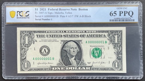 2021 $1 Dollar, Fancy Serial “Number 1” A 00000001 B, PCGS Graded 65 ...