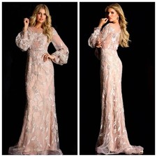 Sparkling Mermaid Long Sleeved Crystal Ball Dress Satin Chiffon Evening Gown