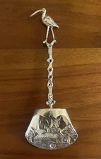Dutch Silver Sugar Shovel Tea Caddy Scoop Repousse Scene in Bowl & Figural Stork