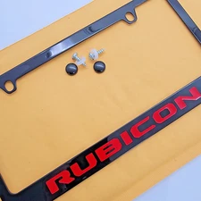 Jeep Rubicon Red Engraved Black Metal License Plate Frame USA Made - JL JT Logo