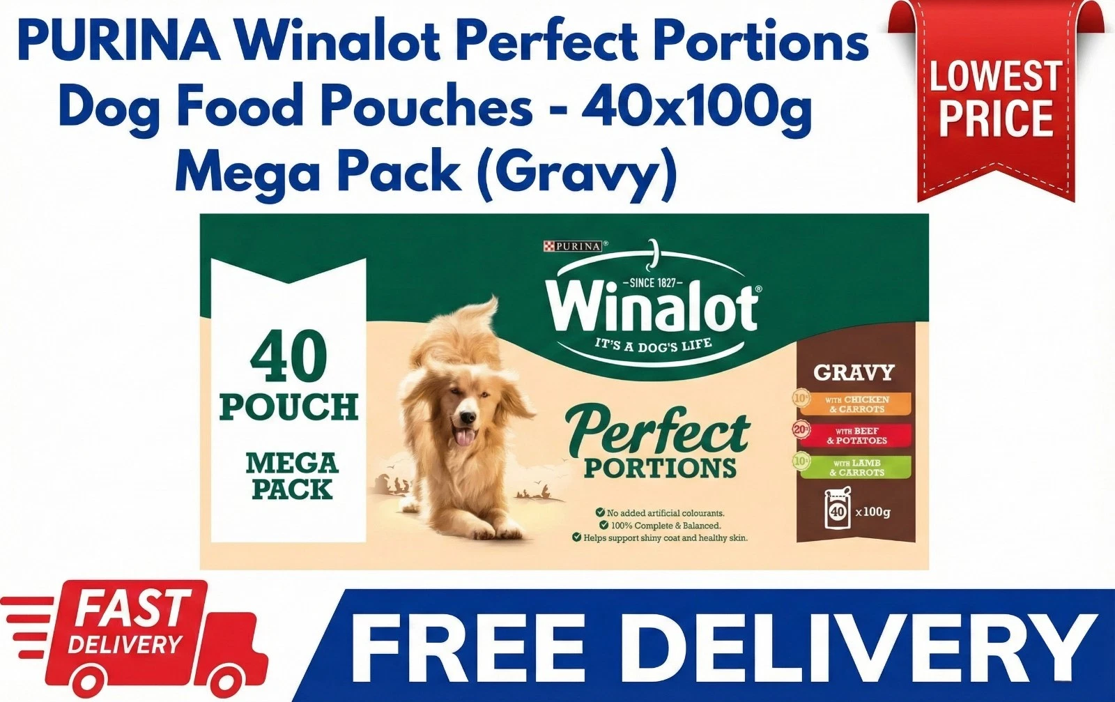WINALOT Meat Chunks Mixed in Gravy Wet Dog Food Pouches 40x100g