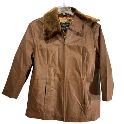 Centigrade Coat Womens 1X Brown Leather Faux Fur Collar Zip Lined Jacket