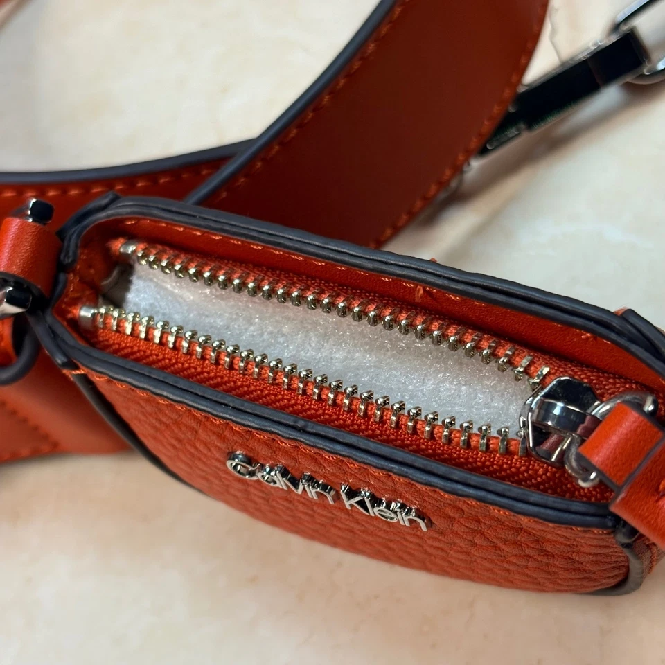 Calvin Klein Chipre Naranja Cuero Cartera Correa Bolso Bolsa Conjunto Plateado Herrajes Foto 4 de 4