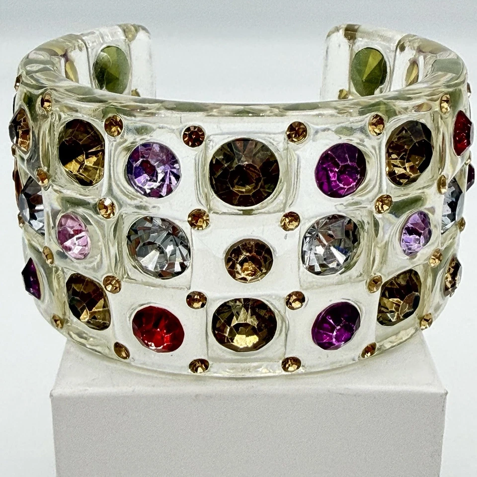 Vtg Betsy Johnson Lucite Bracelet Large Cuff Multi Color Crystals Chunky Rare - Image 3 of 4