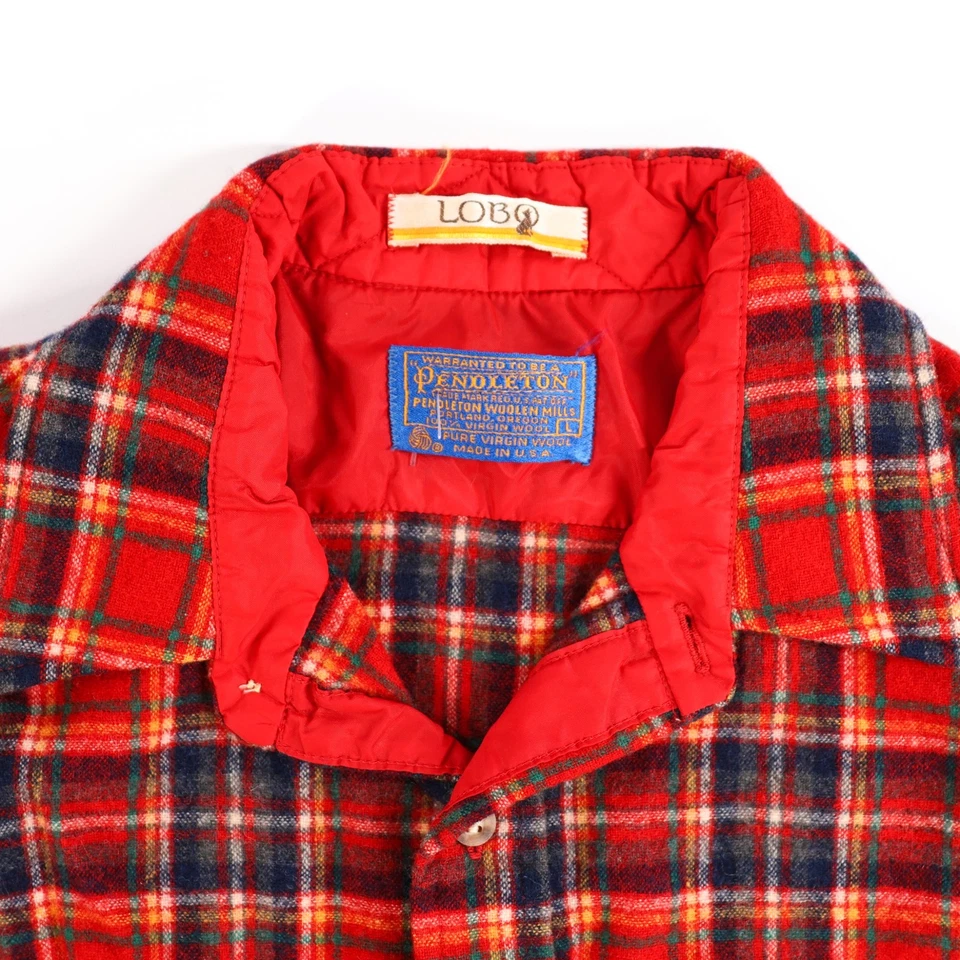 Vtg Pendleton Lobo Pure Virgin Wool Blue Red Plaid Shirt Size Large Elbow Patch - Image 4 of 4