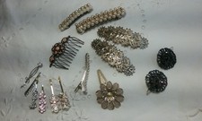 Vintage Hair Barrettes 15 Pieces Metal Rhinestones Estate Sale
