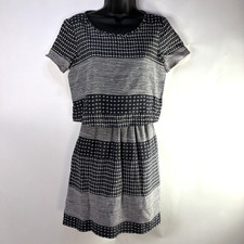 Madewell Silk  Dress Hashtag Print Black White Open Back Short Sleeve Size 0