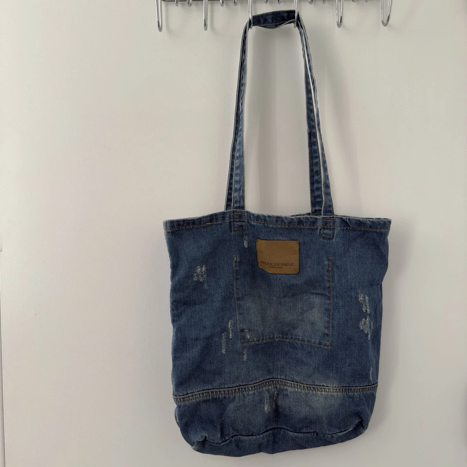 American Eagle AE Denim Distressed Tote Bag Logo Worn-In Look 100% Cotton Pocket - Image 4 of 4