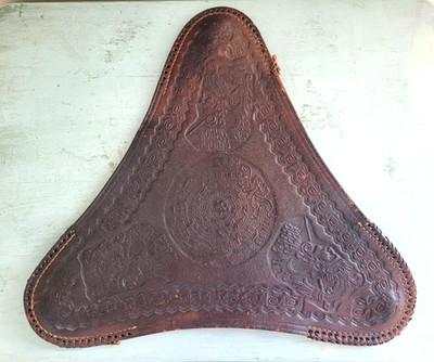 Vintage Leather Tripod Stool Seat Cover Mexican Azteca