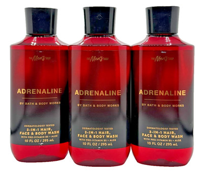 NEW Bath & Body Works Lot of 3 Bottles Adrenaline 3-In-1 Hair Face Wash 10 oz