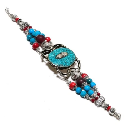 Bracelet corail rouge turquoise fait main bijoux vintage tibétains népalais... - Photo 1/4