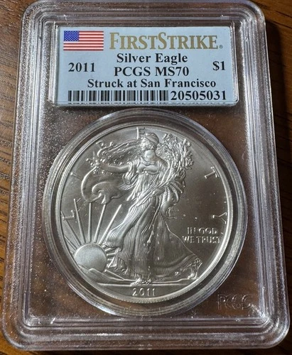 2011 $1 AMERICAN SILVER EAGLE PCGS MS70 FLAG FIRST STRIKE LABEL