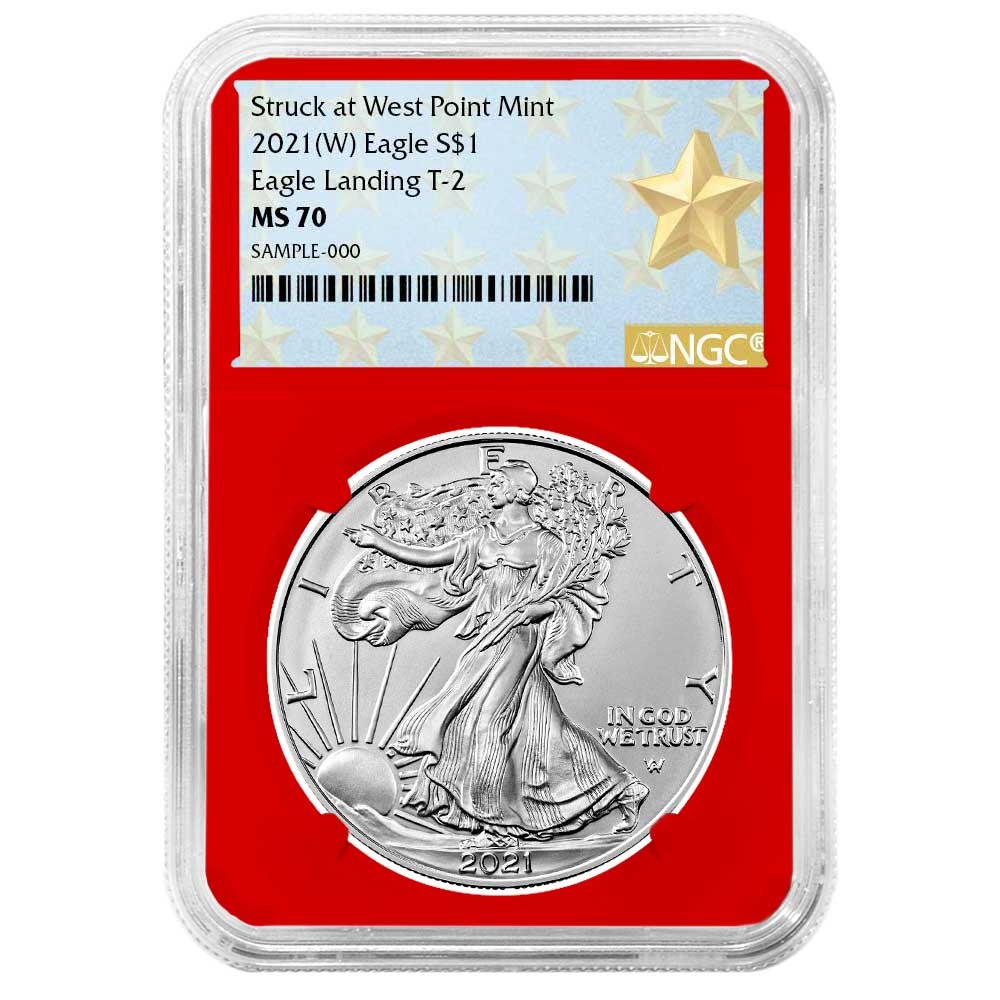 2021 (W) $1 1-oz T-2 American Silver Eagle NGC MS70 West Point Star Label Red