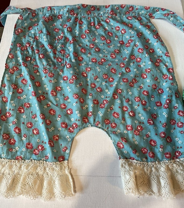 Vintage Handmade Half Apron For Child Small Adult 1950s Roses Blue Pocket, Trim