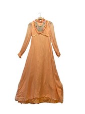 VINTAGE Orange Peach Floral Embroidered 70s MAXI GOWN DRESS See Measurements Vtg