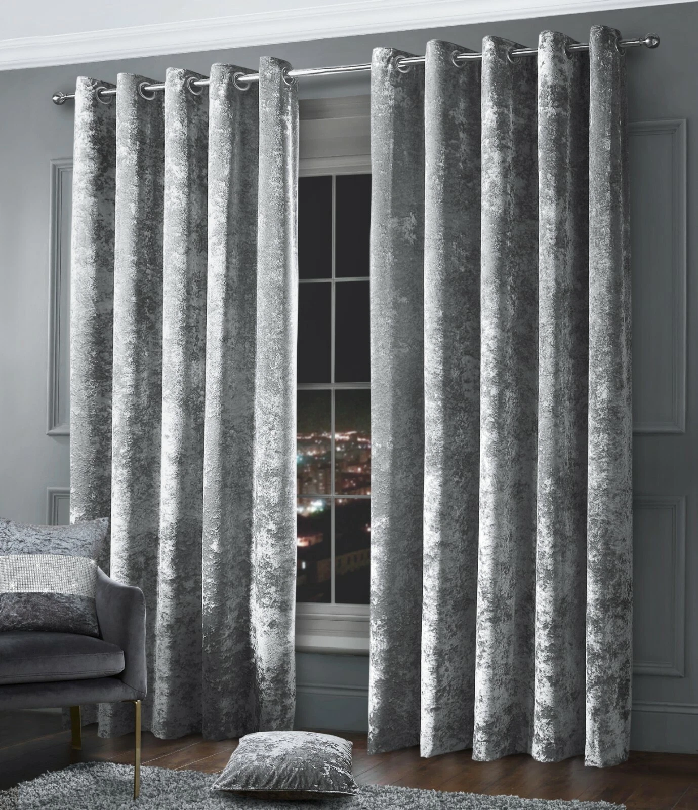 Crushed Velvet Ring Top Eyelet Fully Lined Ready Made Curtain Pair Silver Grey