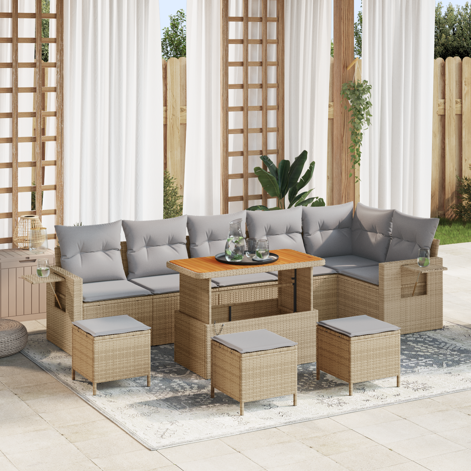 Set di 10 Pezzi di Sofa da Giardino con Cuscini Beige in Polyrattan Acacia 21046