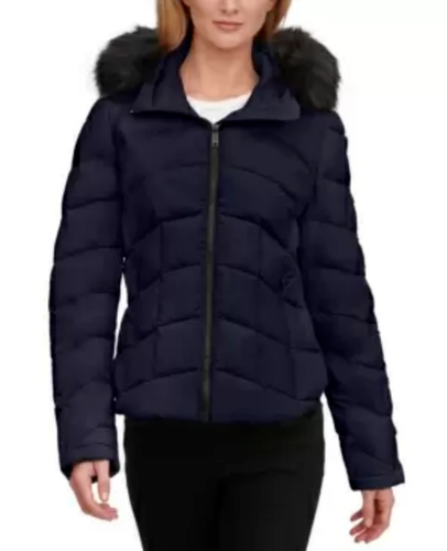 Calvin Klein Faux-Fur-Trim Hooded Puffer Coat - Dark Navy