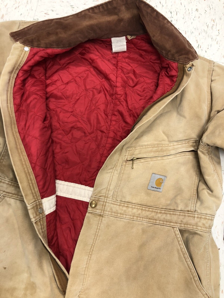 VTG Carhartt Quilt Red Lined Duck Canvas Coveralls X01 BRN
