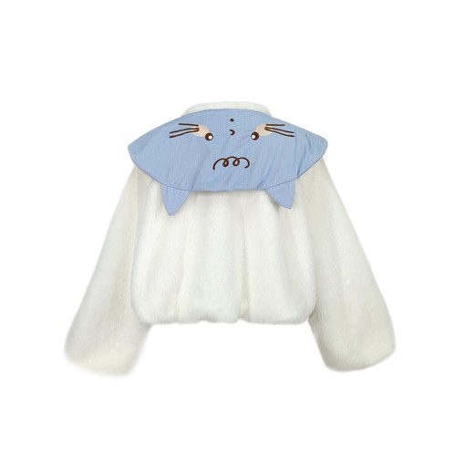 Cat Face Embroidered Winter Coat Cute Plush Fleece Jacket Short Warm Outerwear - Picture 3 of 13