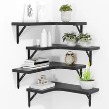 Corner Floating Shelves Wall Mounted Set of 4 Rustic Wood Storage Black