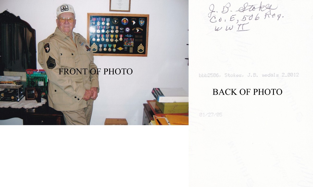Band of Brothers J.B. Stokes WWII 101st AB 506th SIGNED 4x6 PHOTO