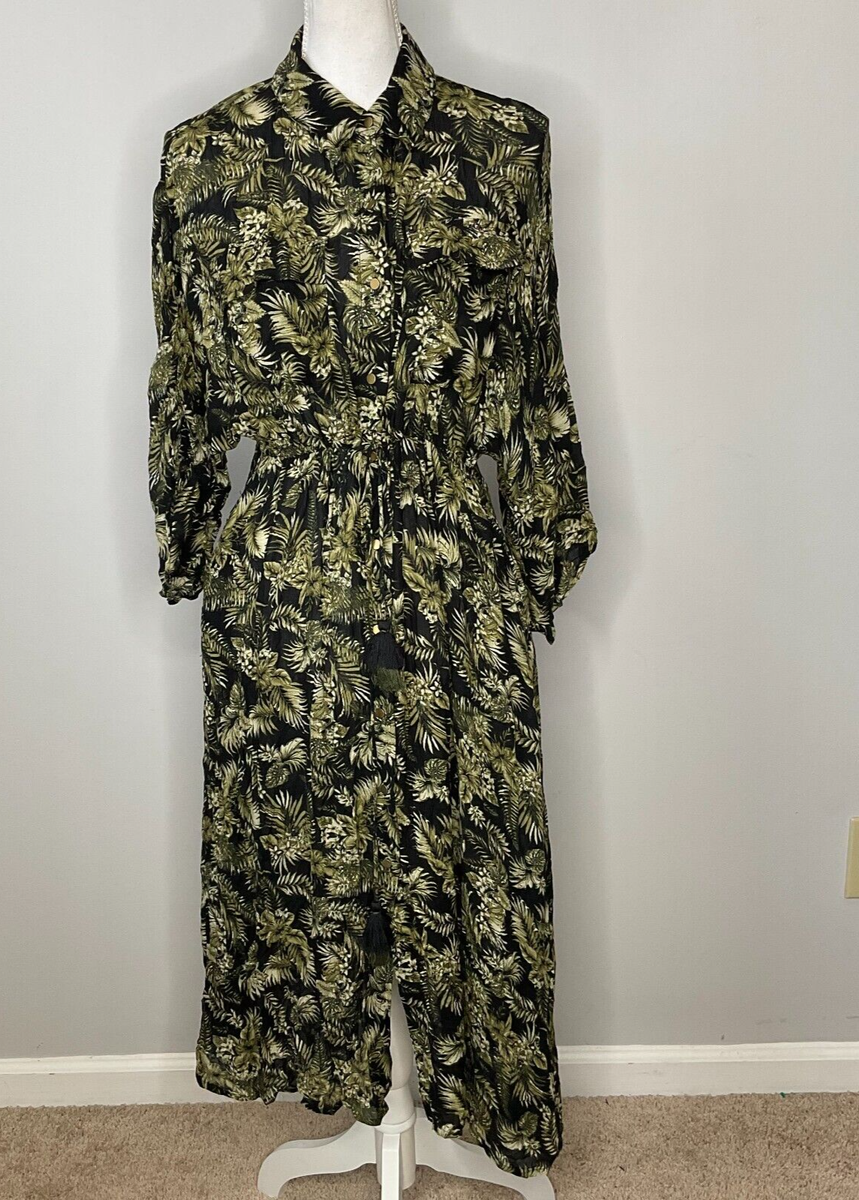 ZARA Womens Khaki Green Tropical Print Button Up Cinch Waist Midi Dress Medium ZARA Womens Khaki Green Tropical Print Button Up Cinch Waist Midi Dress Medium