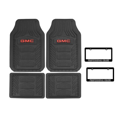 New 6pc GMC FRONT BACK RUBBER FLOOR MATS/ 2PC PROFESSIONAL LICENSE PLATE COVERS
