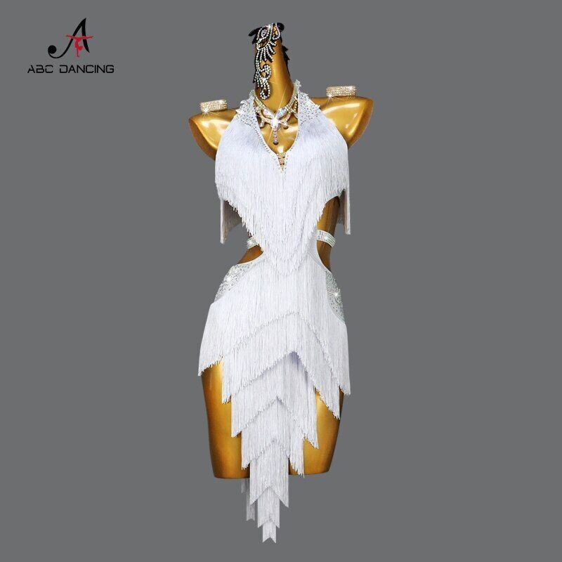 Sexy Vestido Blanco de Baile Latino con Flecos Salón de Baile Falda Corta Fiesta Noche Ropa
