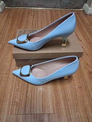 Ladies Pointed Toes  Gold kitten  Heel Glossy Pump Dress Shoes US 8.5 (Sky Blue)
