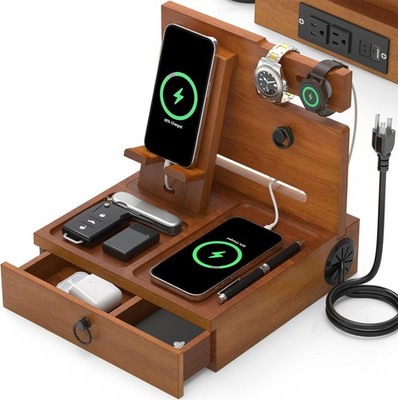 Wood Phone Docking Station with USB Ports and Outlets, Nightstand Organizer w...