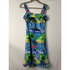 VTG Coco Bianco Tropical Island Palm Tree Hawaiian Print Midi Dress Size 8