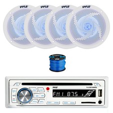 Pyle BT Marine CD Stereo Receiver, 4X 5.25" 180W LED White Speakers,Wire