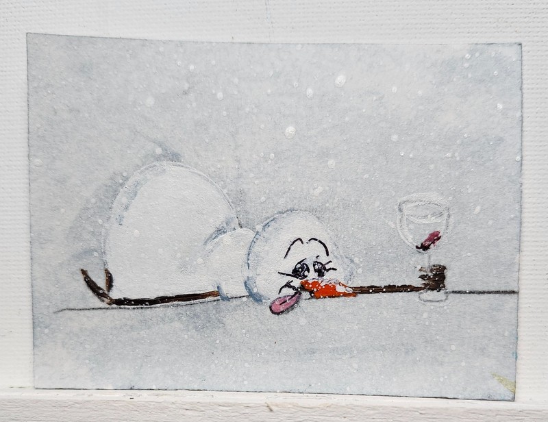 12 Days Xmas in July ACEO “Slushy Snowman” by Maryan 2.5in x 3.5in OOAK
