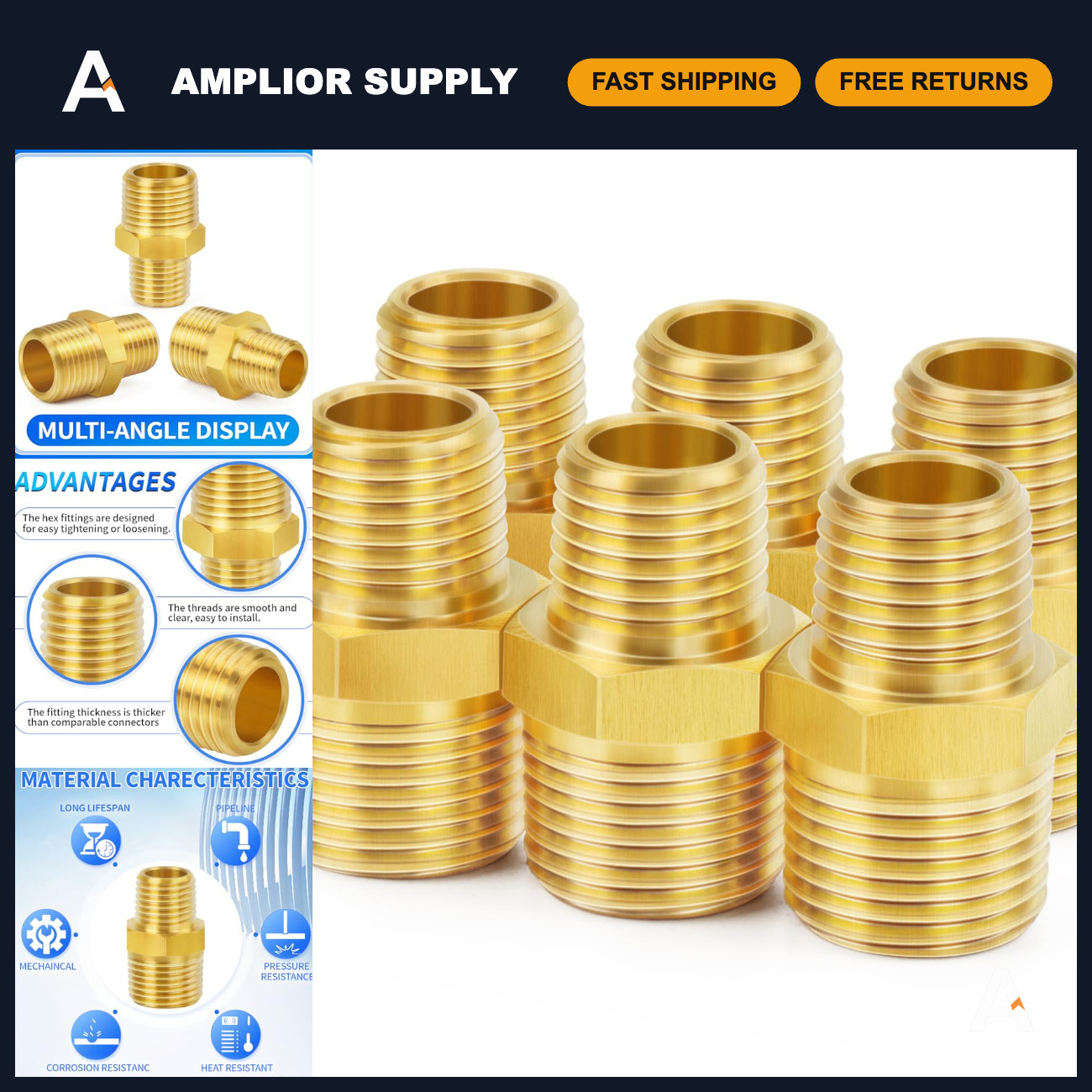 Brass Pipe Fitting Reducer Hex Nipple 3/4" to 1/2" NPT Male Thread Adapter (6-Pa