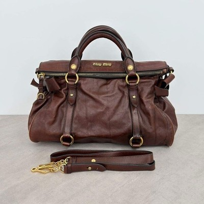 Miu Miu Vitello Lux 2Way Ribbon Leather Handbag Shoulder Bag Brown