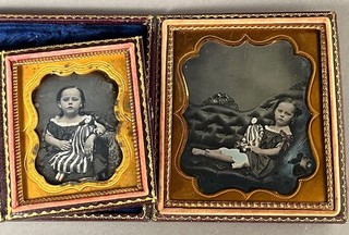 TWO DAGUERREOTYPES SAME CUTE CHILD WITH A DOLL 1/6 AND 1/9 PLATES