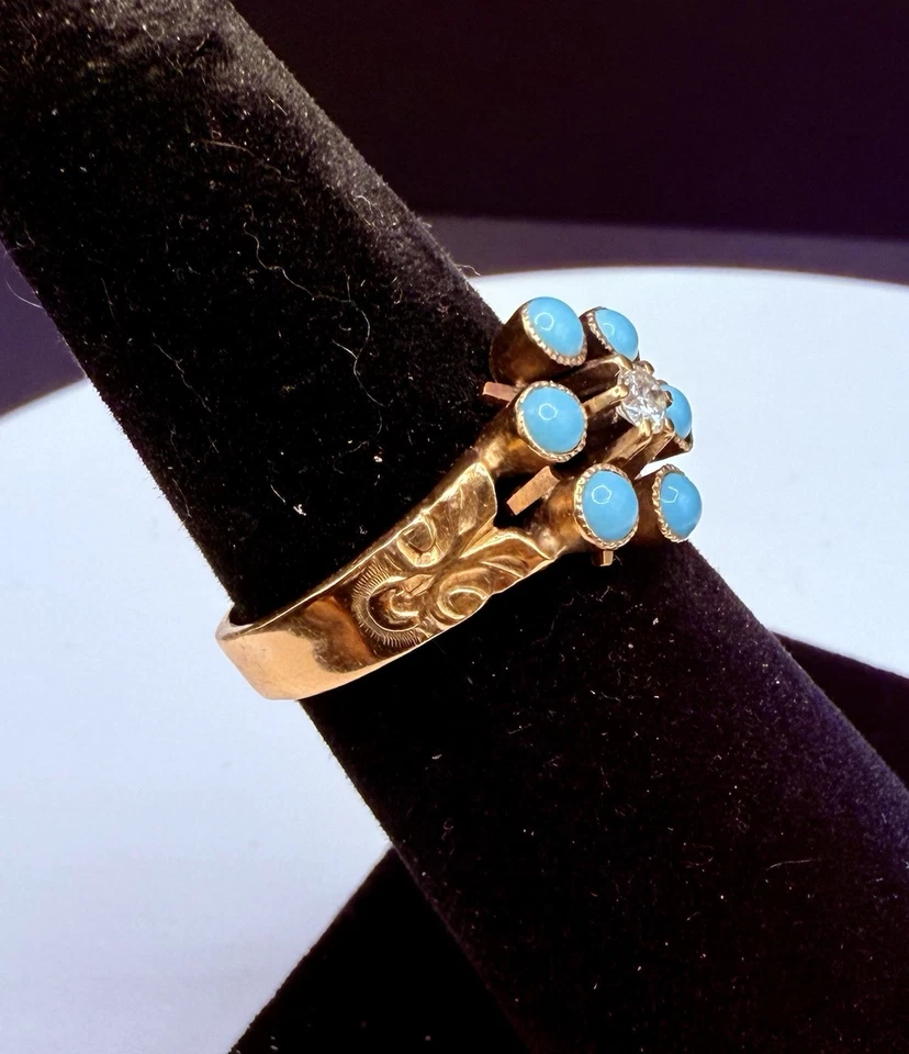 Late 19th Century Forget Me Not Ring 15k Gold Turquoise And Diamond Size 6 - Image 2 of 4