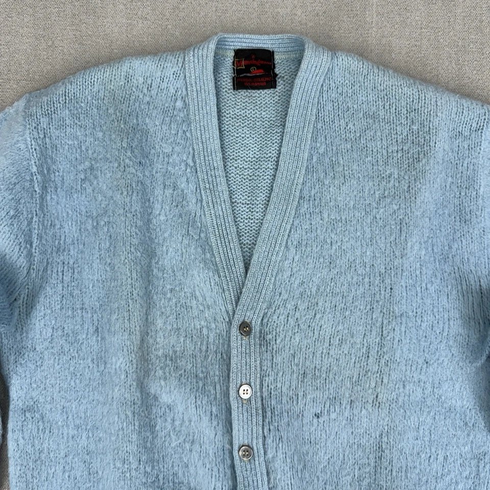 Cárdigan de lana de alpaca mohair de la década de 1950 para hombre L suéter tejido azul cobaño difuso LEER Foto 4 de 4