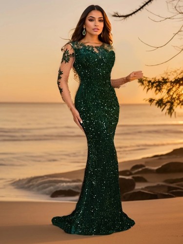 Long Sleeve Evening Party Dress Elegant Women Sexy Backless Formal Prom Gown - Picture 16 of 16