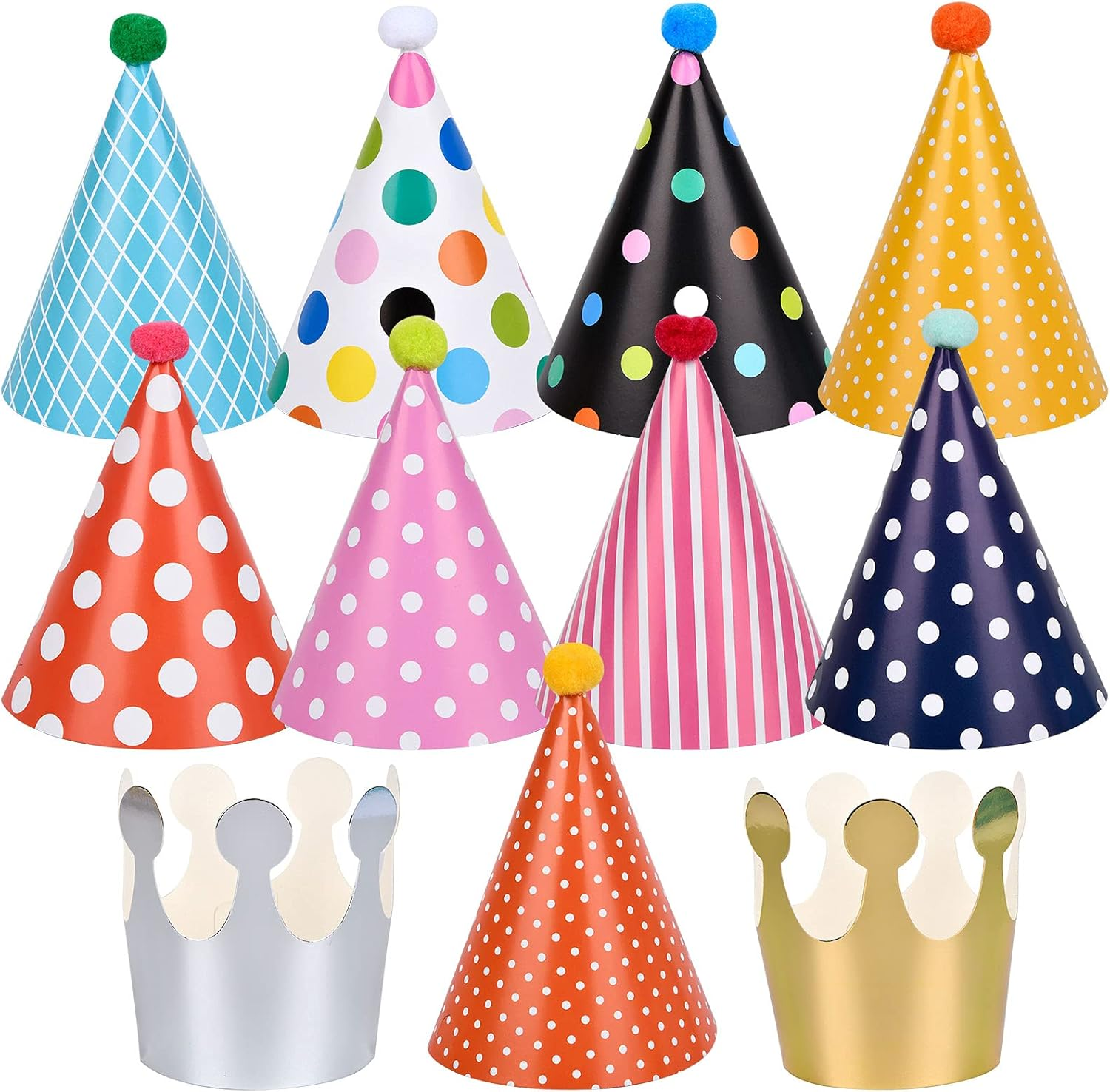 Chstarina 11Pcs Party Hats, Birthday Cone Party Hats Pom Poms , Paper Party Hats