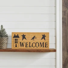 Prim Stars w/ Raven Saltbox House Mustard Base Welcome MDF Sign 7x16