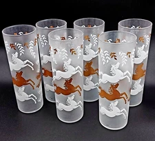 Vintage Cavalcade by Libbey Glass Gold & White Horses Frosted Glass 7" Highball