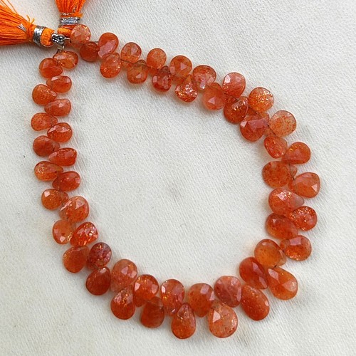 Natural Sunstone Gems 7x5 to 10x7 mm Size Faceted Pear Briolette Beads 9" Strand