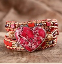 Leather Wrap Heart Bracelet Boho NATURAL RED JASPER AND AGATE 5 Strands 113