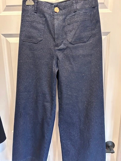 Jeans Anthropologie Maeve Colette denim brillante recortados pierna ancha usados en excelente estado NEGROS 29 Foto 3 de 4