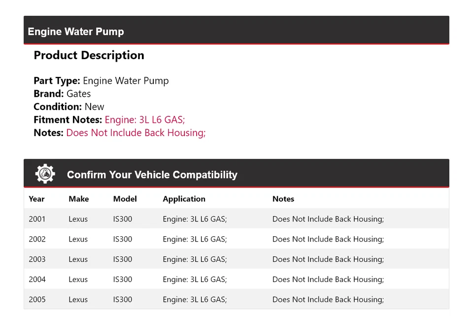 Para Lexus IS300 2001-2005 3L L6 Motor Gas Bomba Agua Puertas 2002 2003 2004 Foto 2 de 4