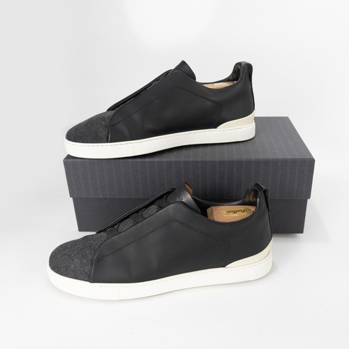 ZEGNA Triple Stitch Sneakers Slip-On 7.5EU 8.5US Leather and Flannel Black
