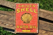 Golden Shell Auto Oil Tin Metal Sign - Shell Company - Gas - Gasoline - Retro